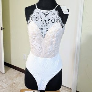L'Atiste White Lace Bodysuit High Neck V Tank